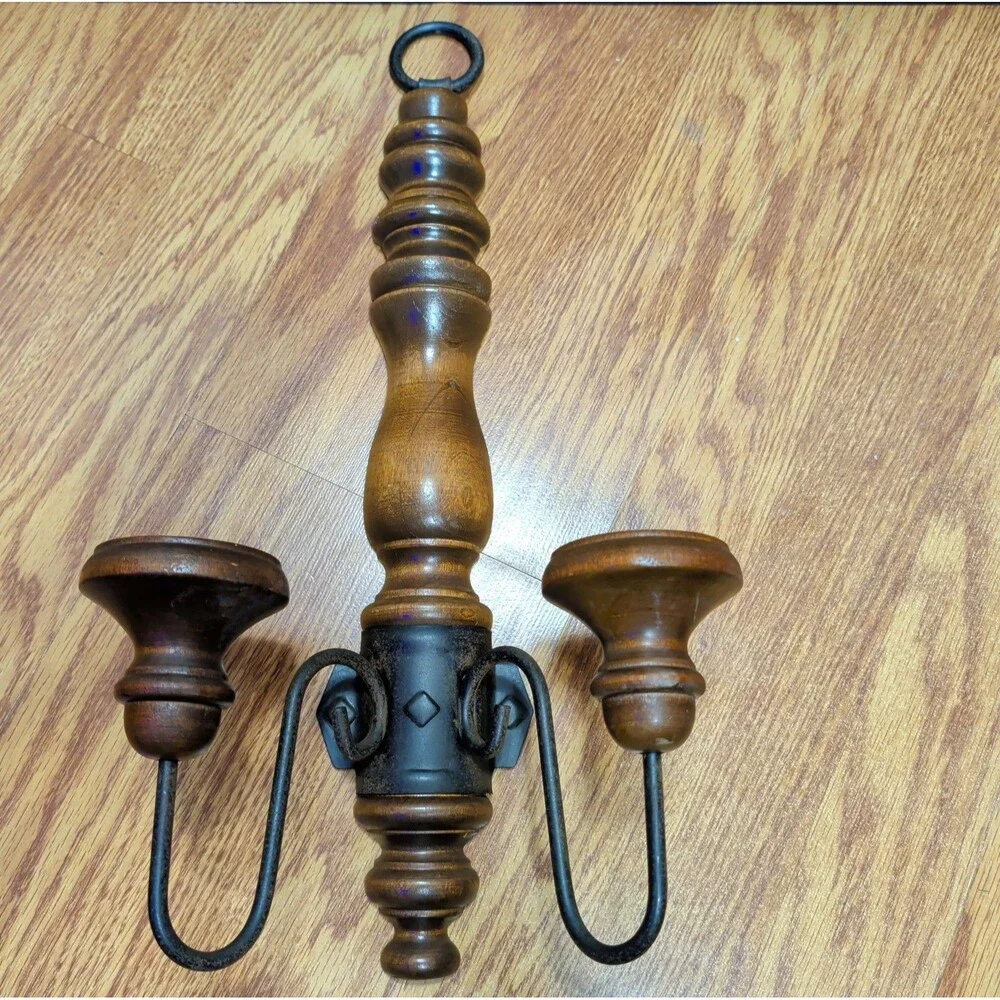 Vintage Brown Wood Black Metal Double Candle Wall Sconce Decor 17